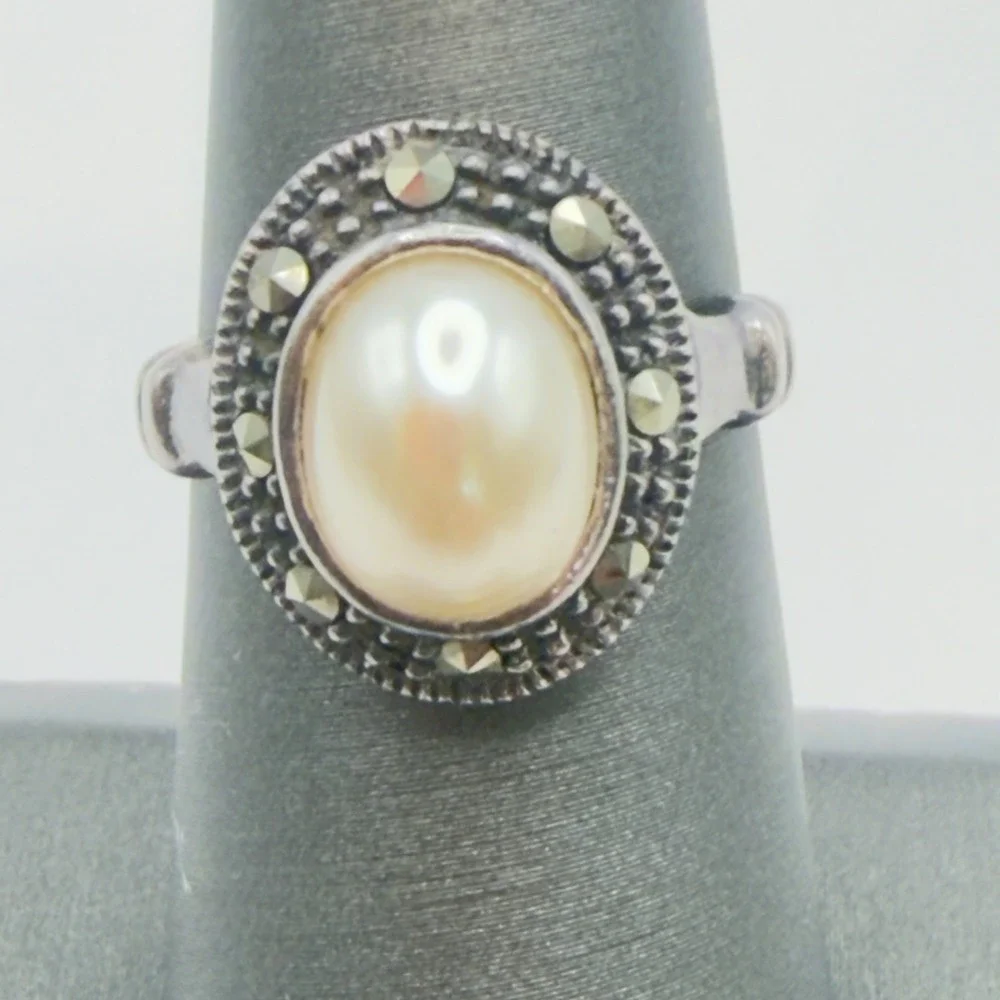 Vtg TM Sterling Silver Art Deco Style Ring Marcasite Faux Mabe Pearl Sz 6.5